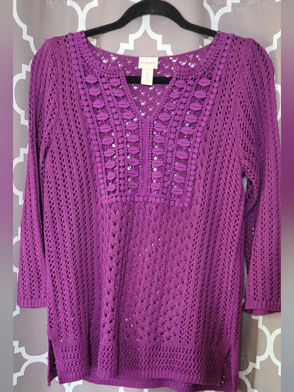Chico's Open-Knit V-Neck Sweater Tunic in a Vibrant Purple Jewel Tone